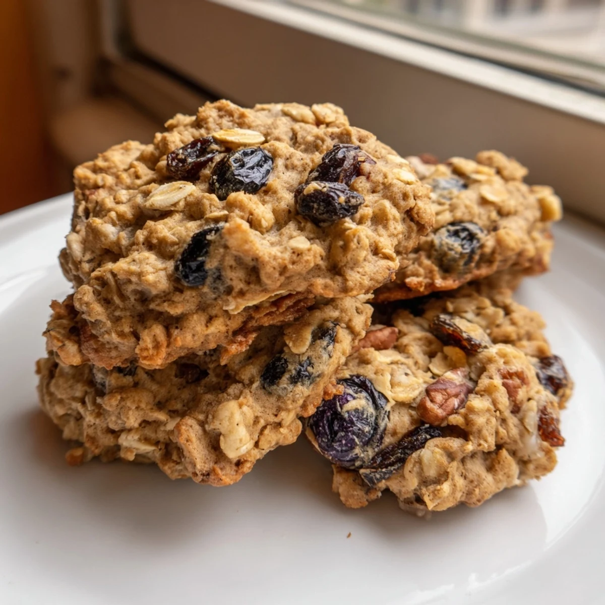 Close-up of soft chewy vegan blueberry orange cream oatmeal raisin cookies studded with fruit
