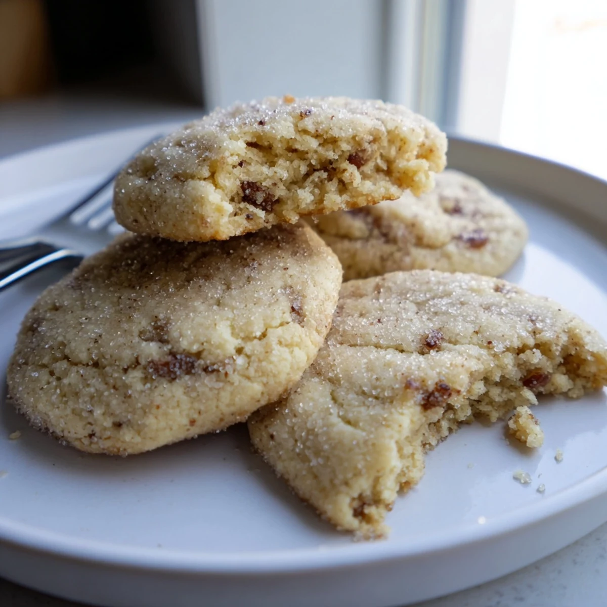 Chewy vegan vanilla fig sugar cookies studded with sweet dried fig pieces and sugar coating.