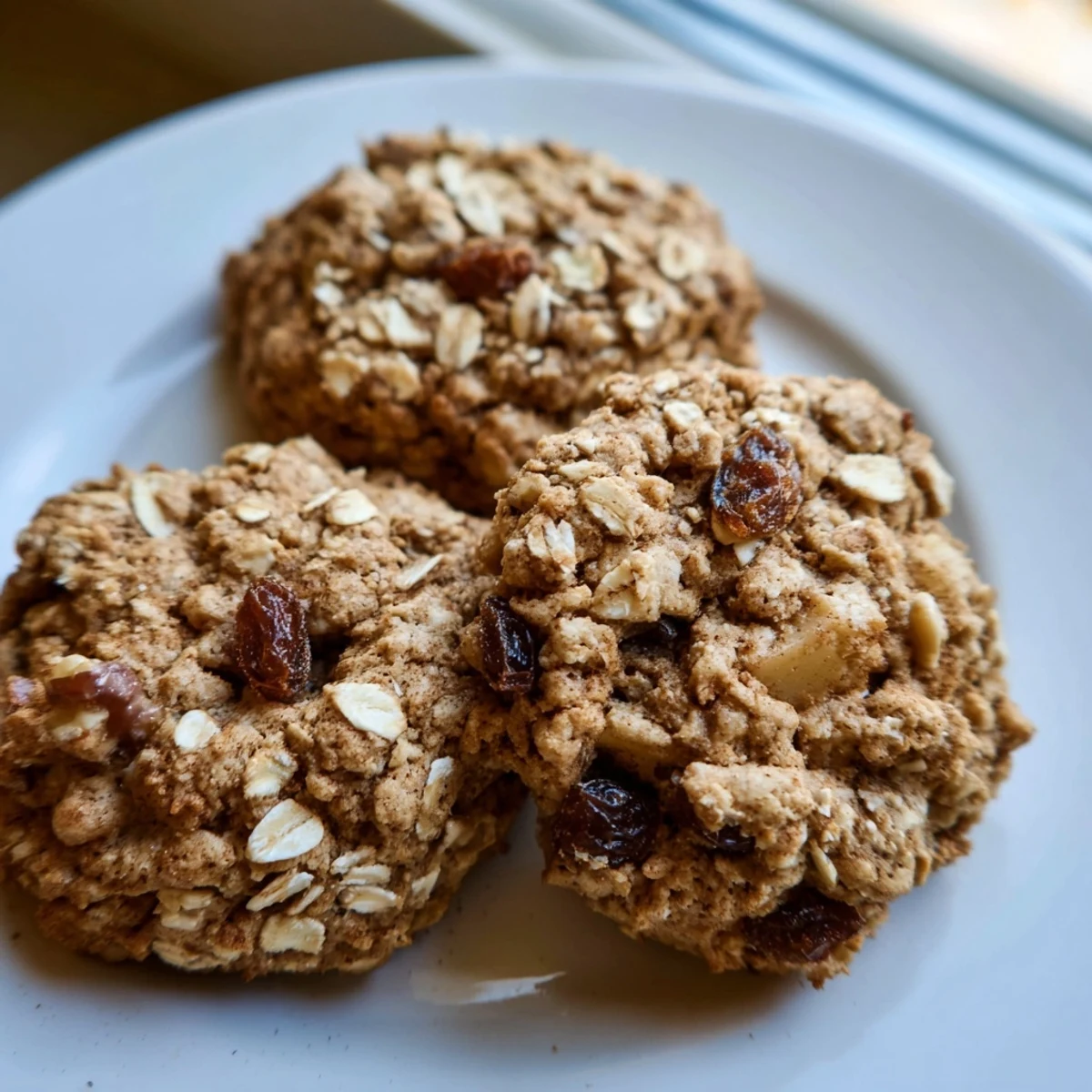 Chewy apple cinnamon ginger oatmeal raisin cookies studded with juicy raisins on a ceramic plate