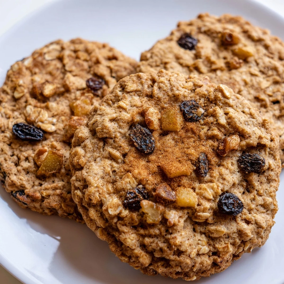 Golden apple cinnamon ginger oatmeal raisin cookies cooling on a rustic wire baking rack