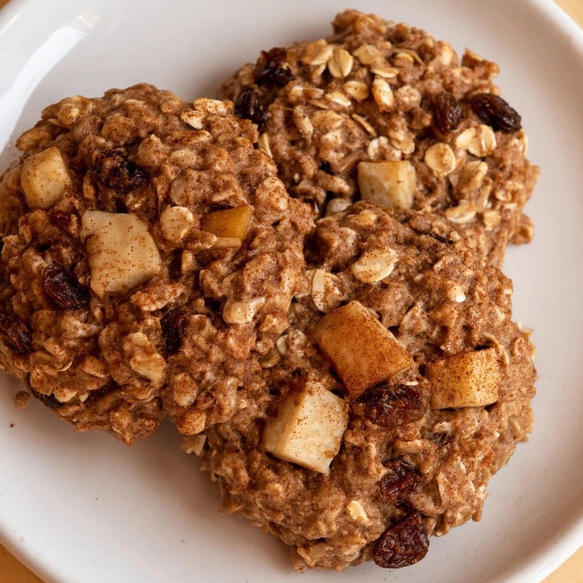 Warm apple cinnamon ginger oatmeal raisin cookies stacked on parchment with visible apple chunks and oats