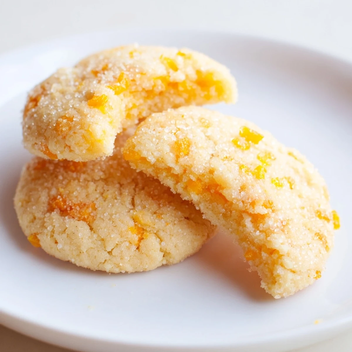 Golden vegan vanilla mango sugar cookies with crackled sugar coating on rustic parchment paper