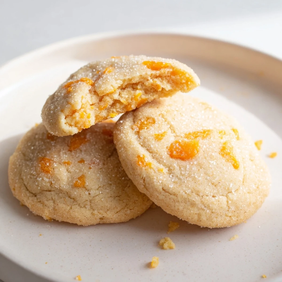 Chewy vegan vanilla mango sugar cookies studded with bright dried mango pieces close-up