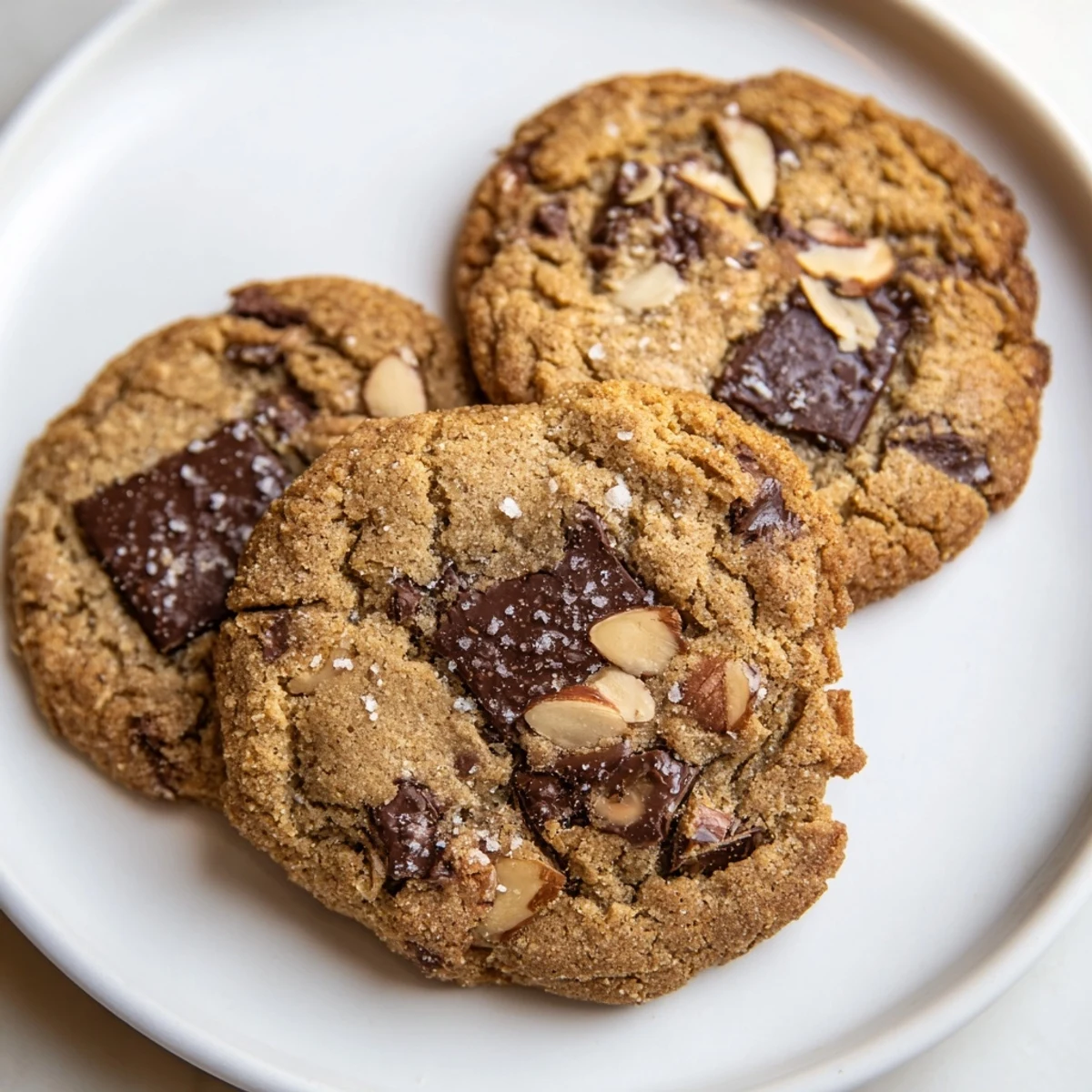 Golden-baked gluten-free dark chocolate almond butter crunch cookies on parchment, fresh from the oven