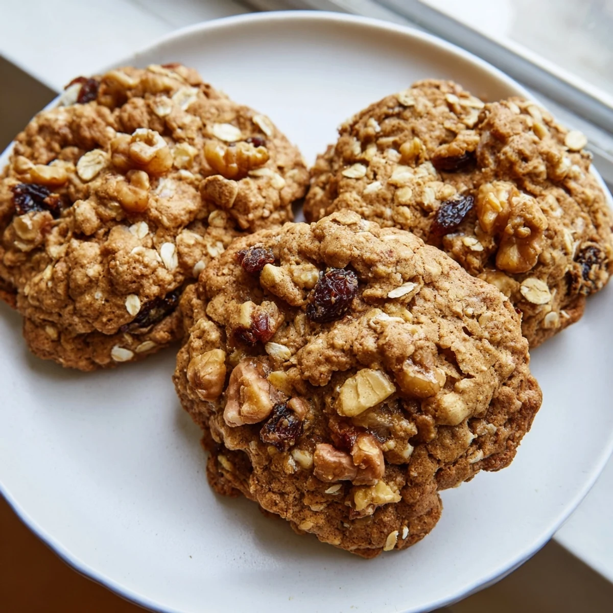 Warm apple cinnamon brown butter oatmeal raisin cookies stacked on a plate beside cold milk