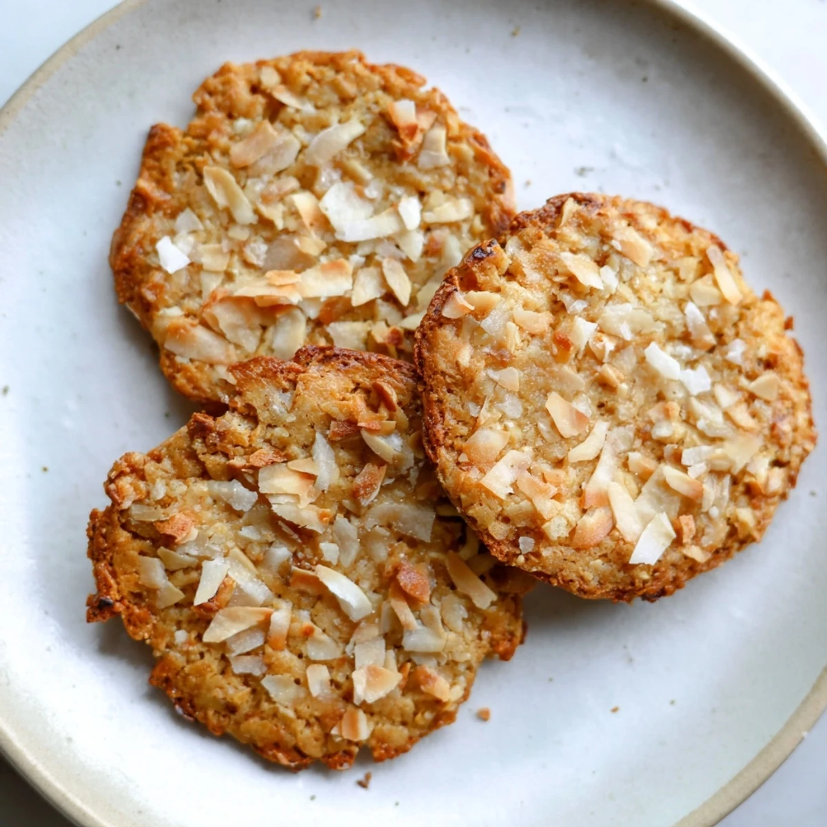 A plate of Keto Maple Coconut Butter Crisp Cookies dusted with shredded coconut topping