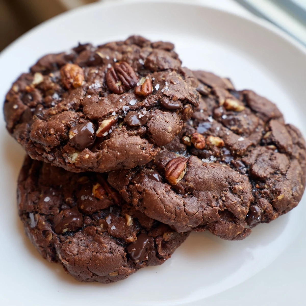 Crackled gluten-free espresso chocolate pecan crunch cookies with melty dark chocolate pools