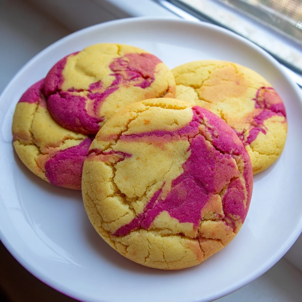 Soft vegan pineapple raspberry swirl sugar cookies with golden edges on a rustic baking sheet
