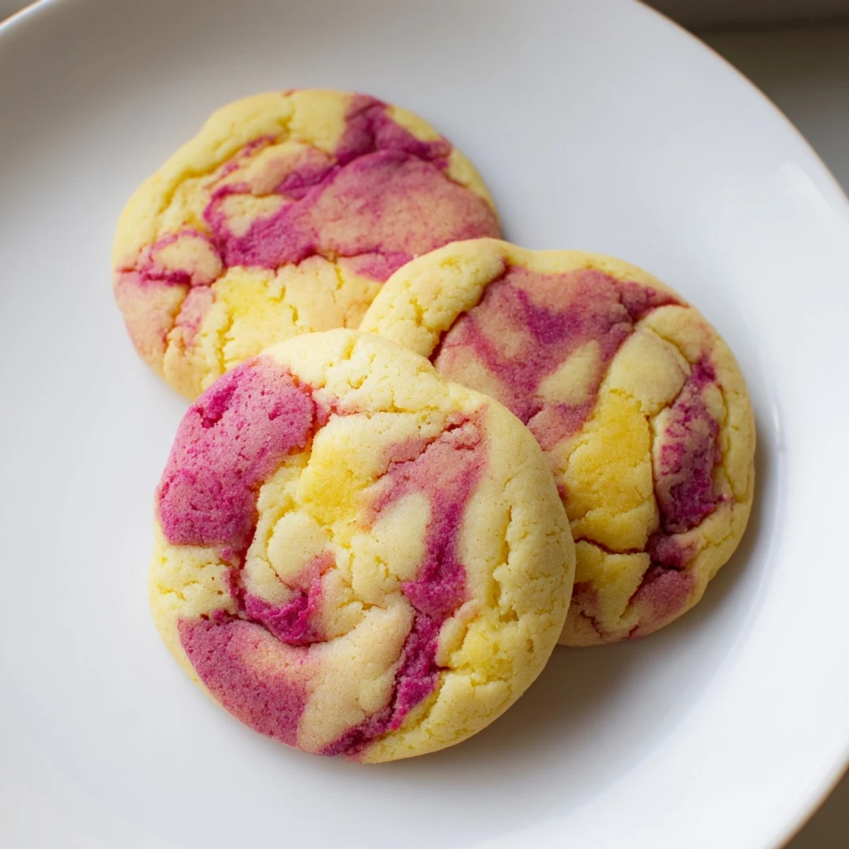 Close-up of chewy vegan pineapple raspberry swirl sugar cookies arranged on a white serving plate