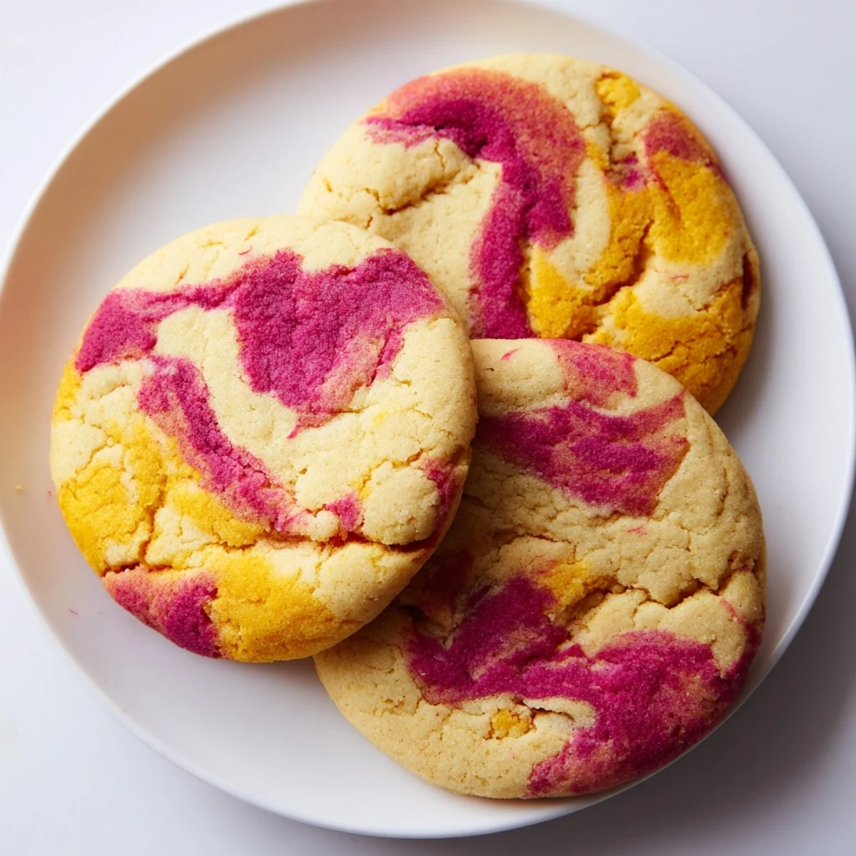 Vibrant pink and yellow swirled vegan pineapple raspberry swirl sugar cookies cooling on parchment paper