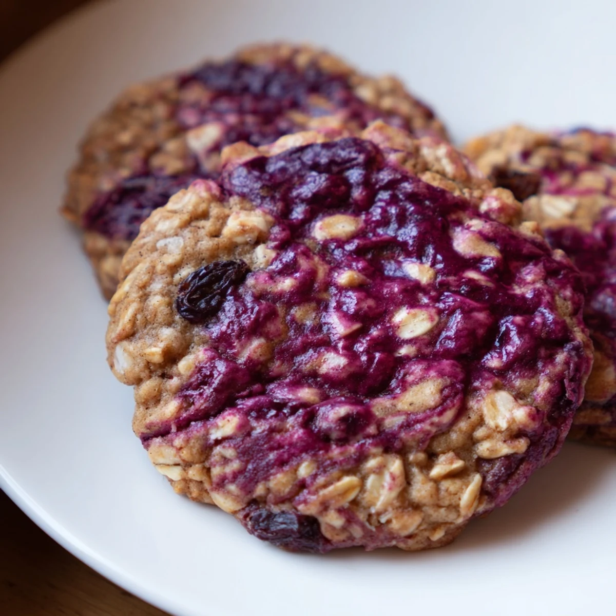 Golden vegan blueberry raspberry swirl oatmeal raisin cookies fresh from the oven