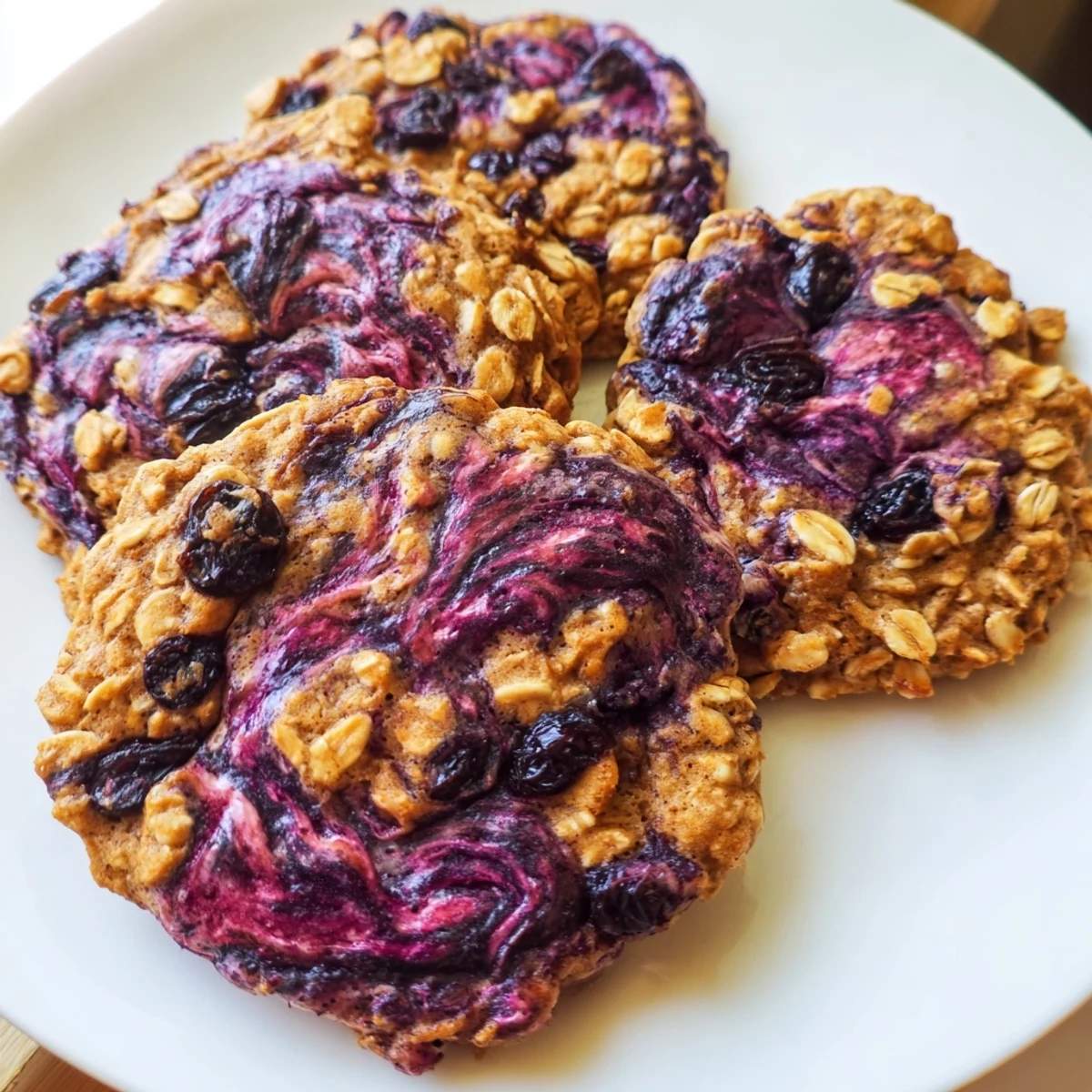 Chewy oatmeal raisin cookies with vibrant purple berry swirls on a rustic baking sheet