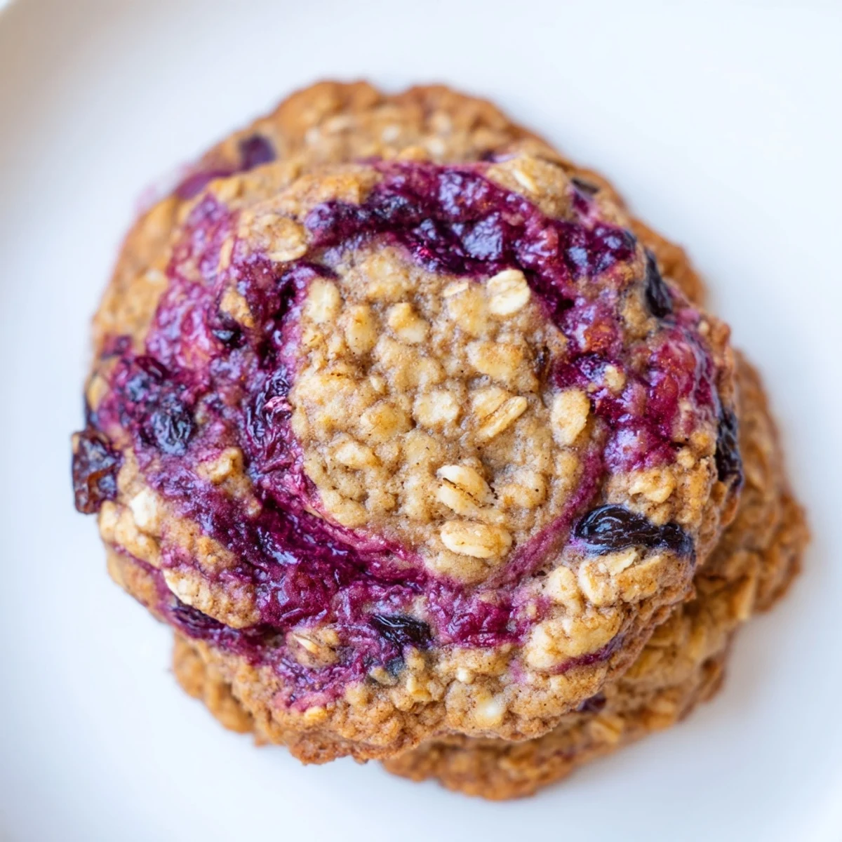 Close-up of soft vegan blueberry raspberry oatmeal raisin cookies drizzled with jammy fruit swirls