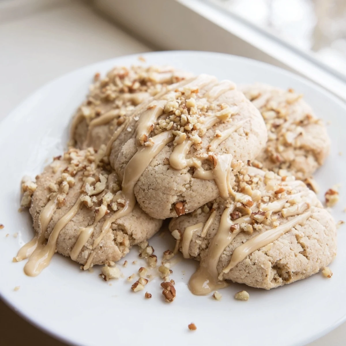 Golden Keto Vanilla Walnut Butter Drizzle Cookies topped with a creamy nutty glaze on parchment paper