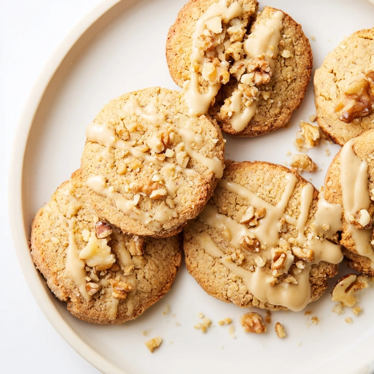 Chewy Keto Vanilla Walnut Butter Drizzle Cookies drizzled with rich walnut butter and scattered toasted walnuts