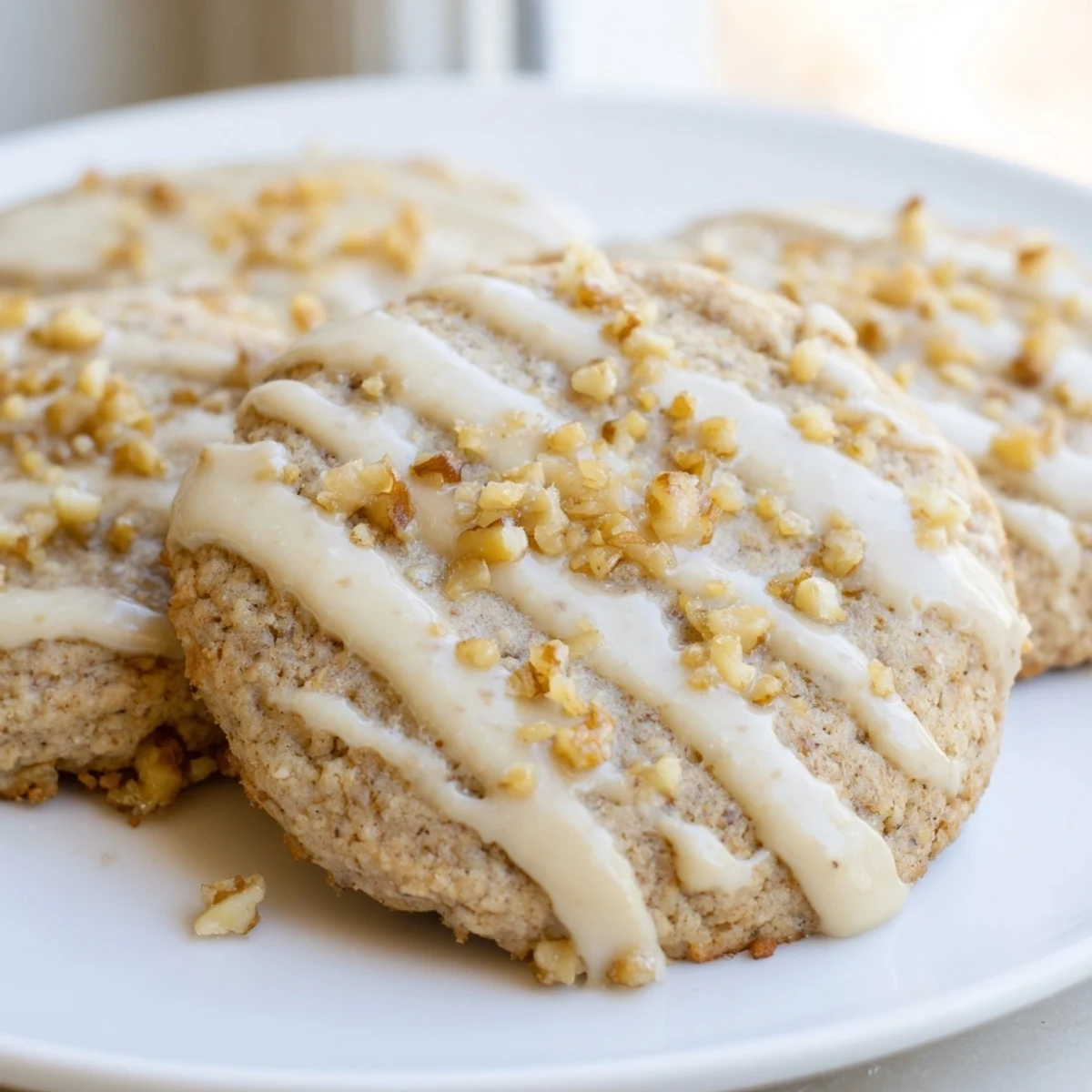 Warm Keto Vanilla Walnut Butter Drizzle Cookies arranged on a rustic cooling rack with walnut pieces