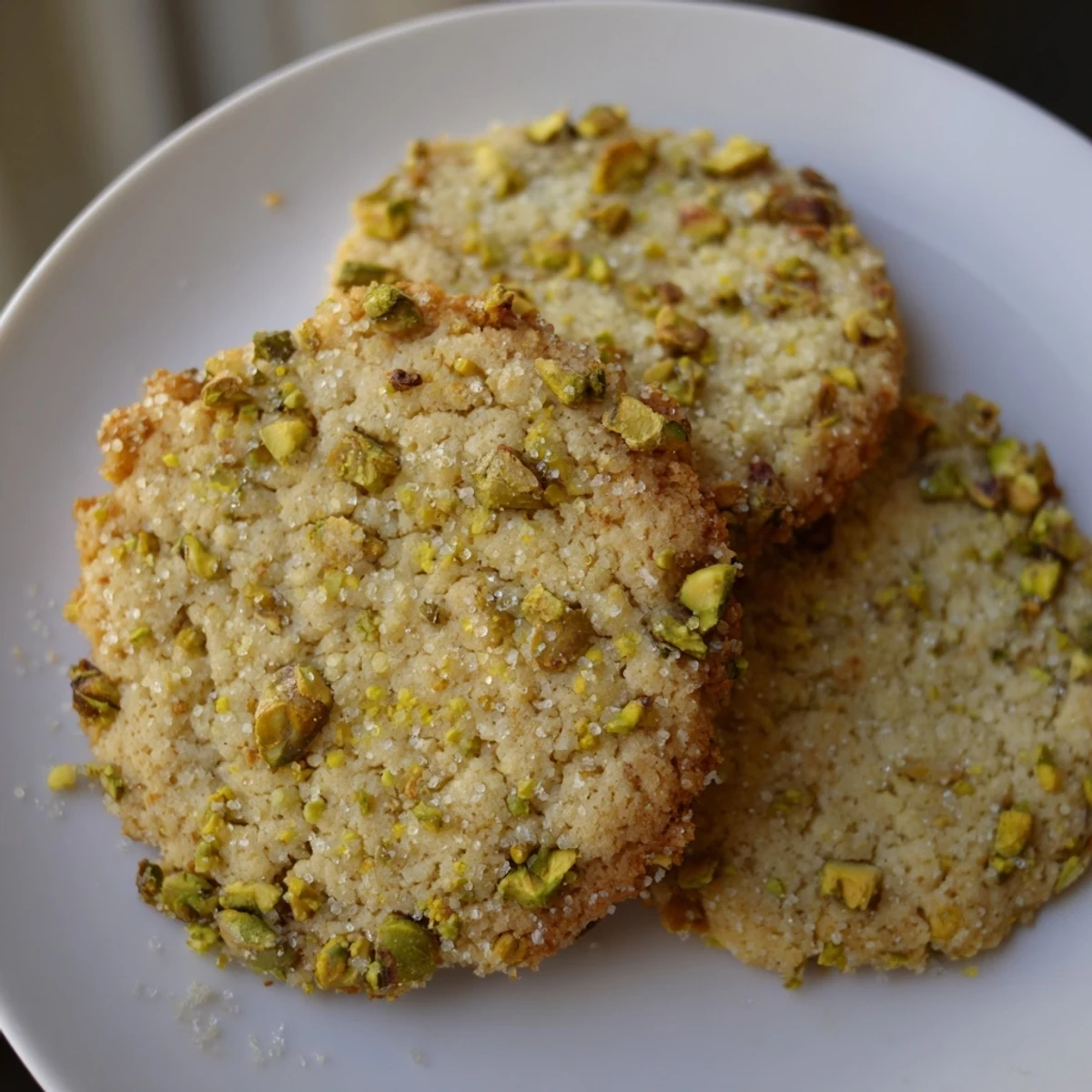 Golden gluten-free lemon pistachio butter crunch cookies fresh from the oven on parchment paper