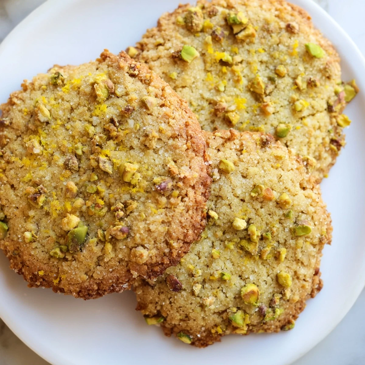 Crisp gluten-free lemon pistachio butter crunch cookies topped with crunchy green pistachio pieces
