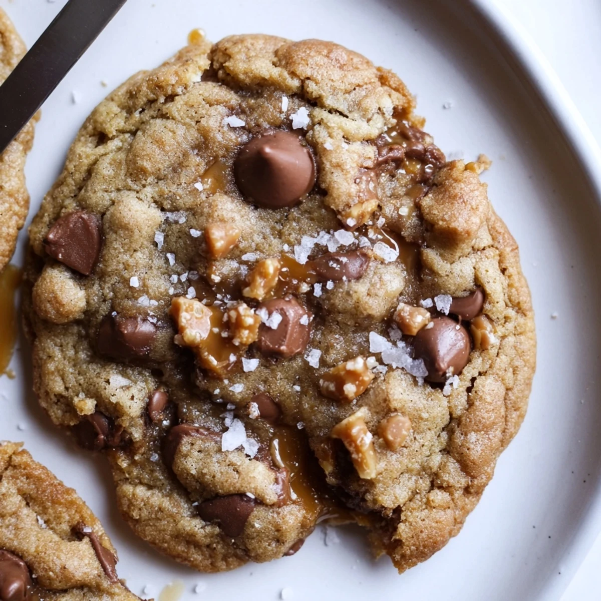 Warm brown butter salted toffee caramel chocolate chip cookies fresh from the oven