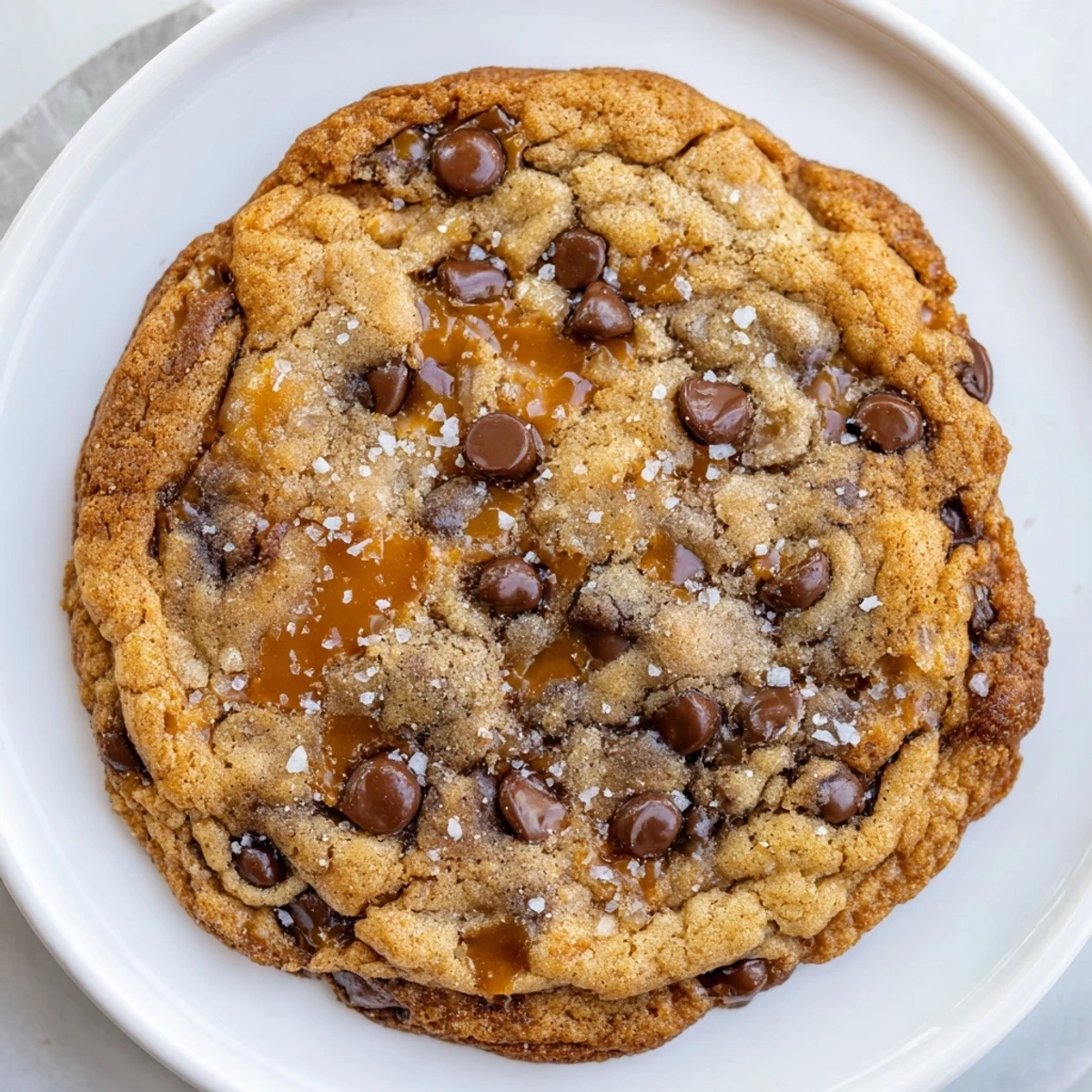 Gooey brown butter salted toffee caramel chocolate chip cookies topped with flaky sea salt