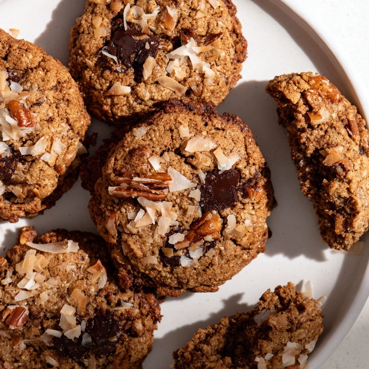 Golden gluten-free espresso chocolate coconut crunch cookies with melty dark chocolate chunks on a rustic baking sheet