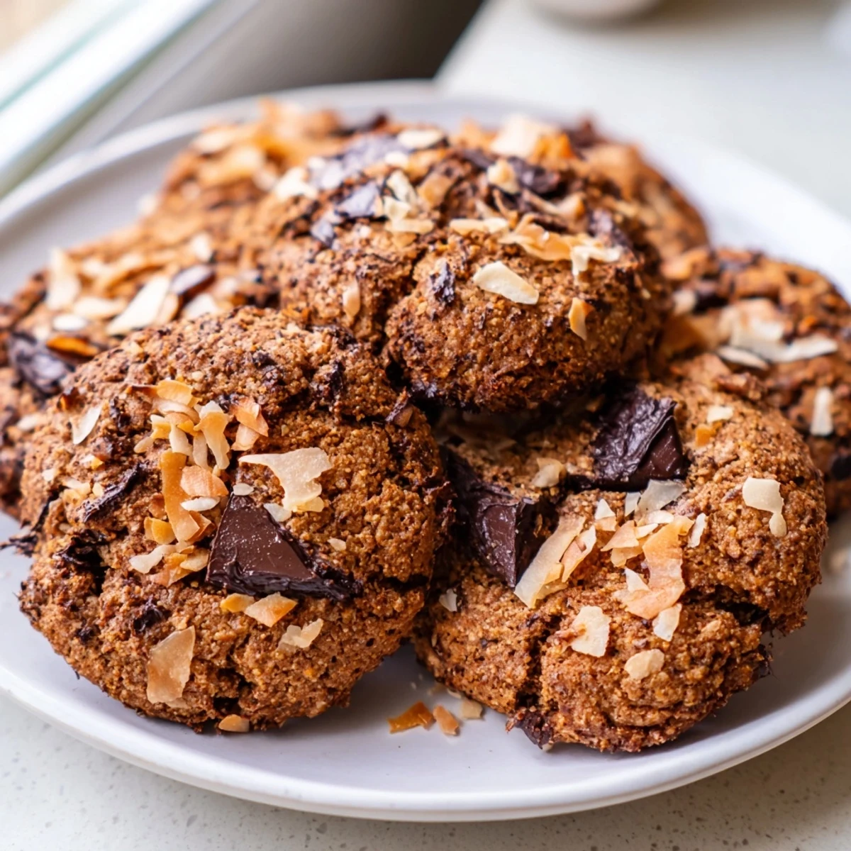 Crisp chewy gluten-free espresso chocolate coconut crunch cookies piled on a plate beside steaming coffee