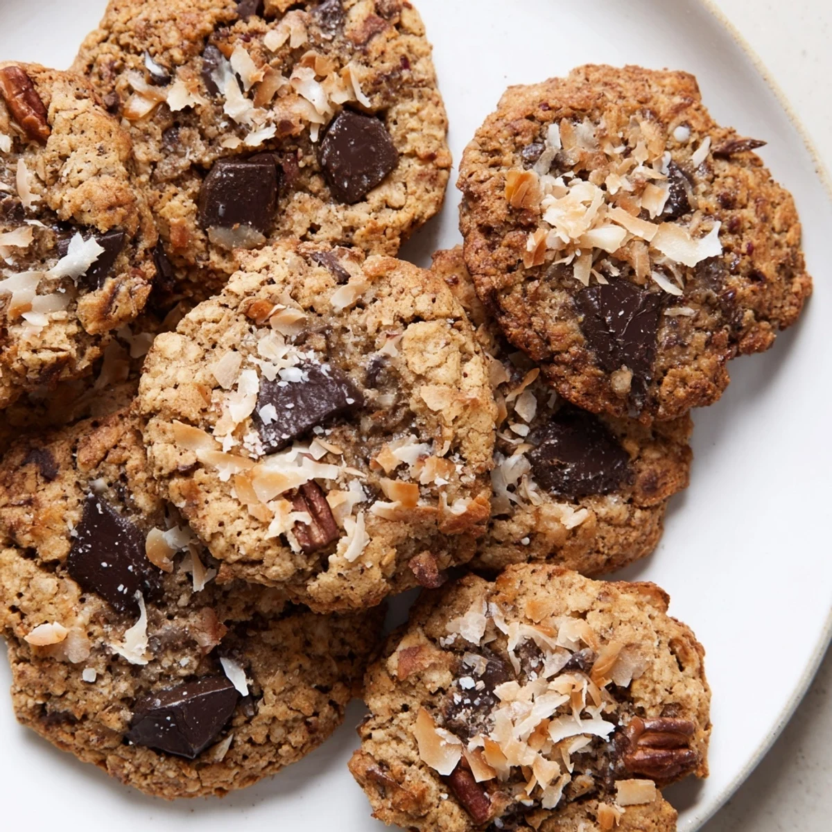 Close-up of gluten-free espresso chocolate coconut crunch cookies studded with toasted coconut and cracked edges fresh from the oven