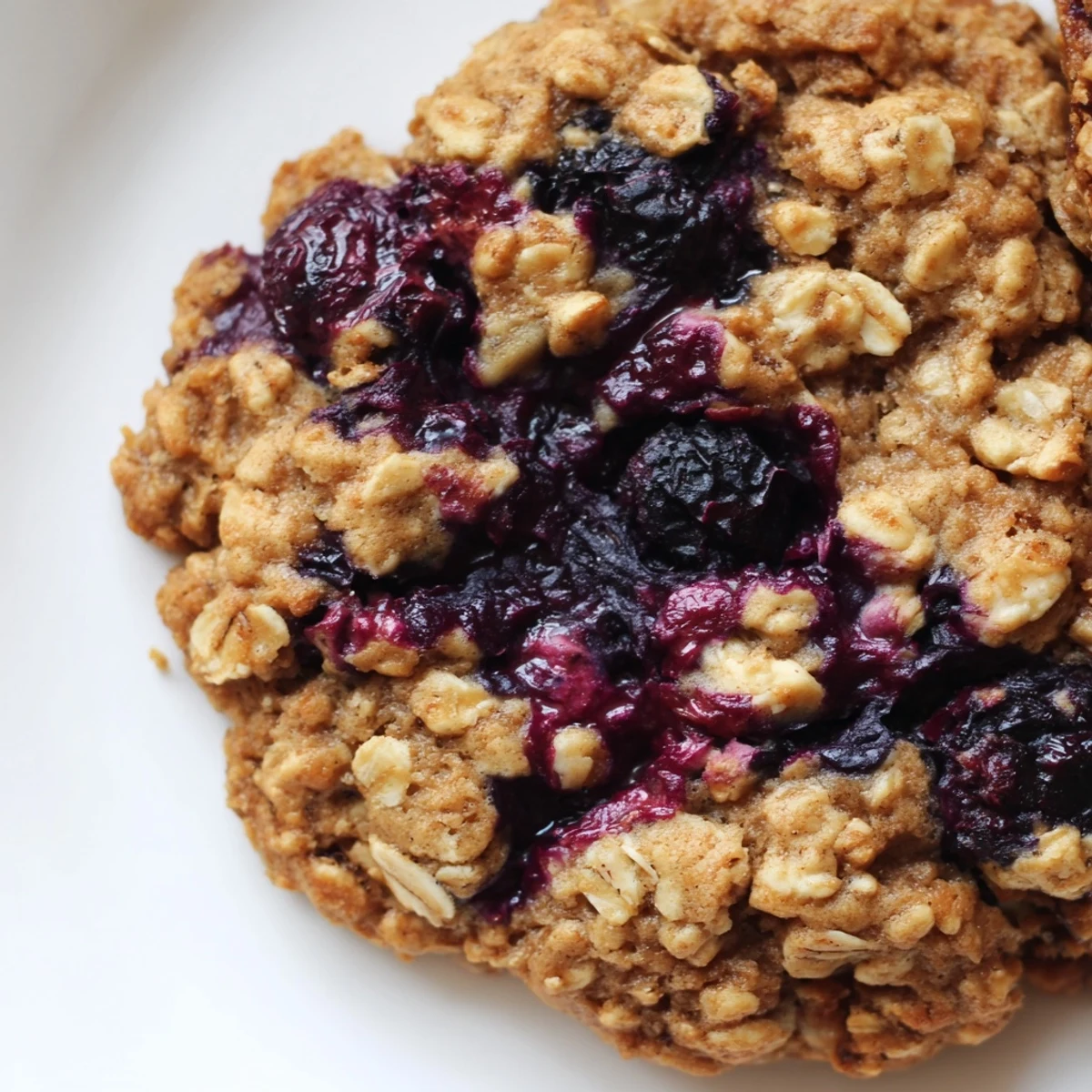 Soft vegan blueberry blackberry swirl oatmeal raisin cookies with golden edges cooling on a wire rack