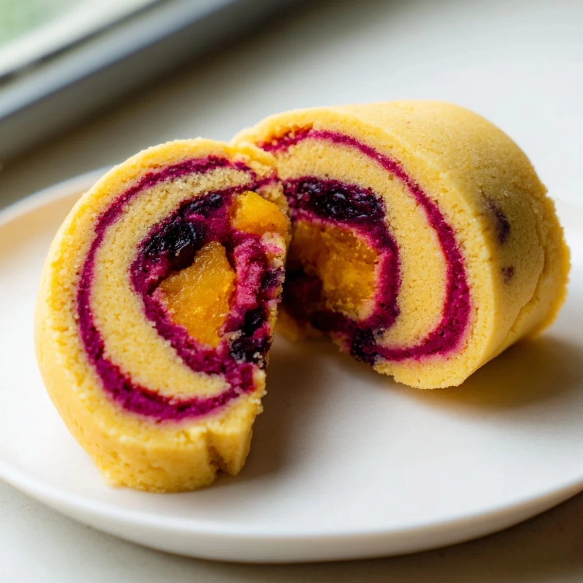 A close-up of vegan pineapple blackberry swirl sugar cookies showing a vibrant purple and yellow spiraled filling