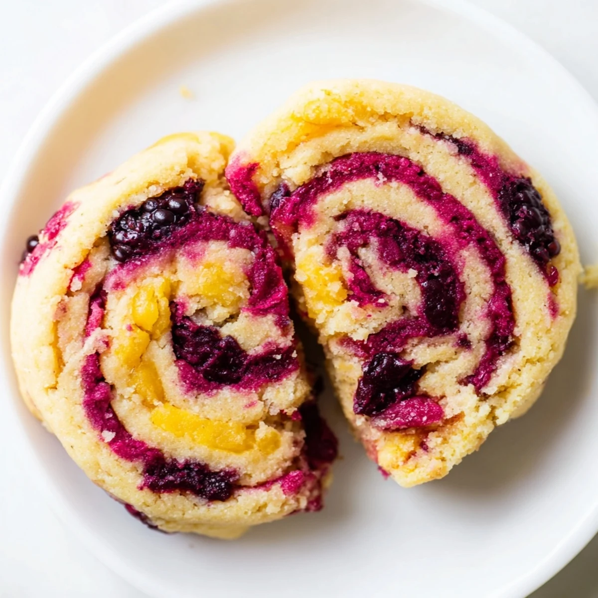 Soft vegan pineapple blackberry swirl sugar cookies with golden edges on a rustic baking sheet
