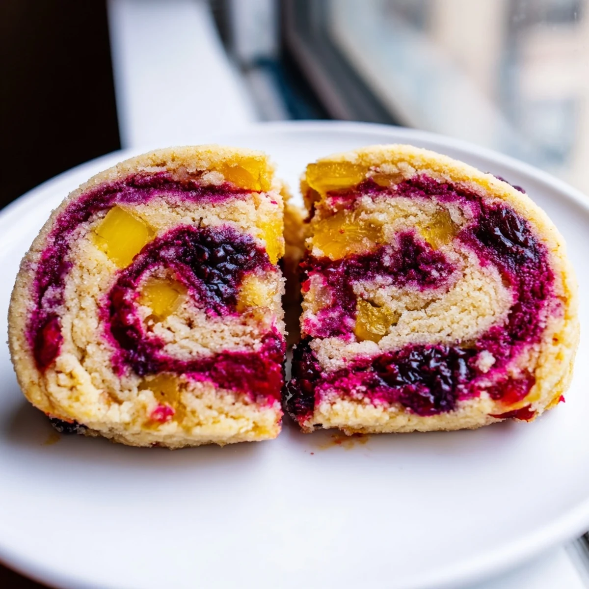 Round vegan pineapple blackberry swirl sugar cookies arranged on a white plate dusted with powdered sugar