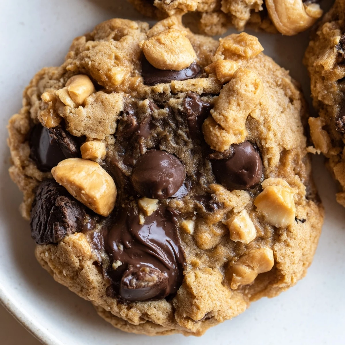 Golden gluten-free dark chocolate cashew butter crunch cookies fresh from the oven with cracked tops and melted chocolate pools
