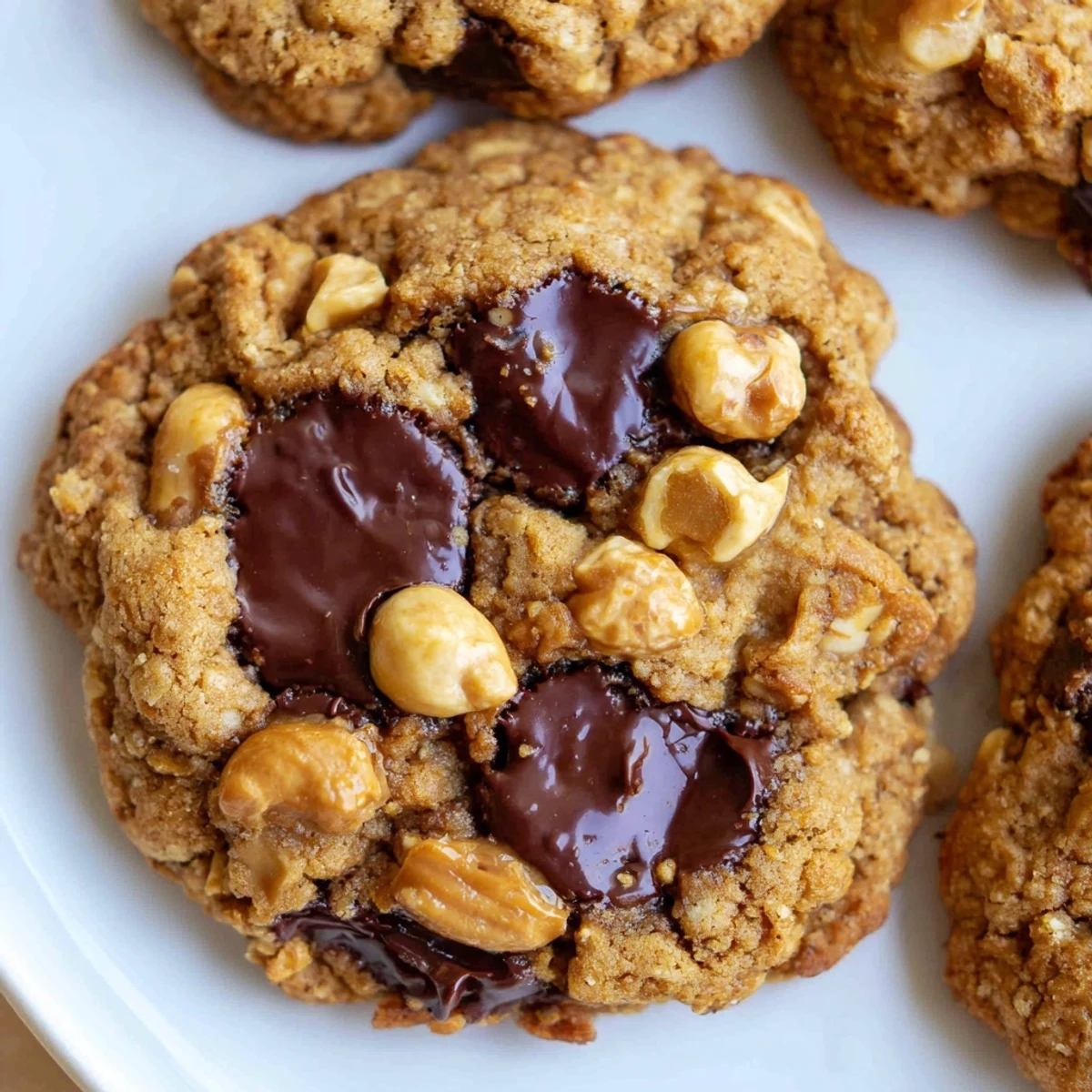 Chewy gluten-free dark chocolate cashew butter crunch cookies studded with roasted cashew pieces on a rustic cooling rack