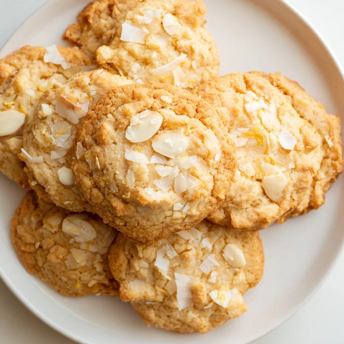 Golden gluten-free lemon coconut butter crunch cookies cooling on a rustic parchment-lined baking sheet