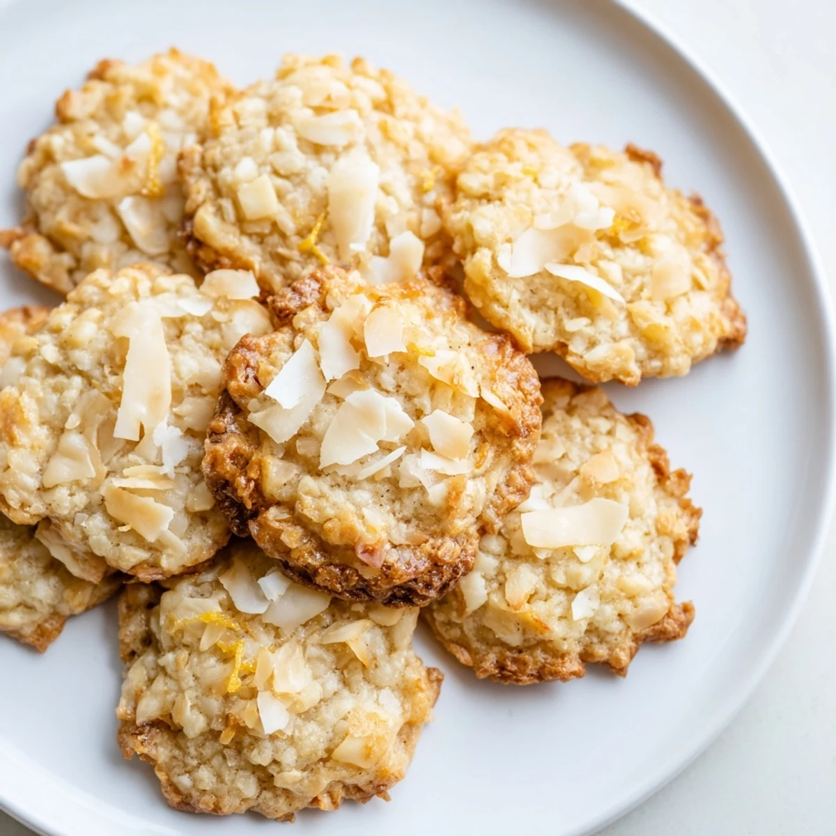 Crisp gluten-free lemon coconut butter crunch cookies topped with melted white chocolate chips