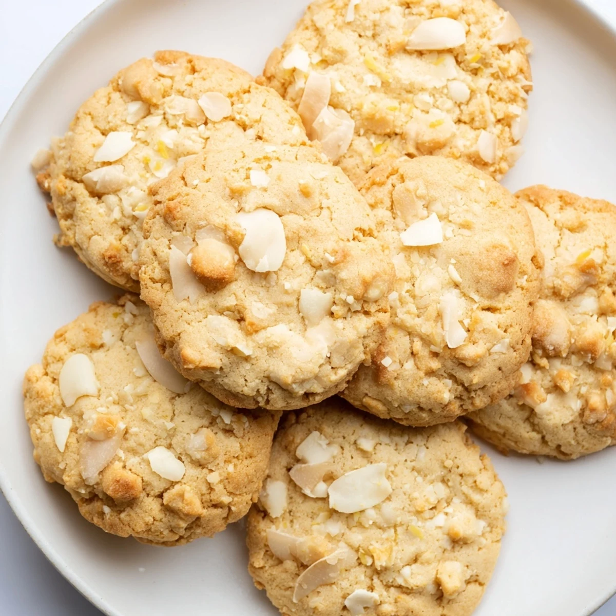 A plate of chewy gluten-free lemon coconut butter crunch cookies served with herbal tea