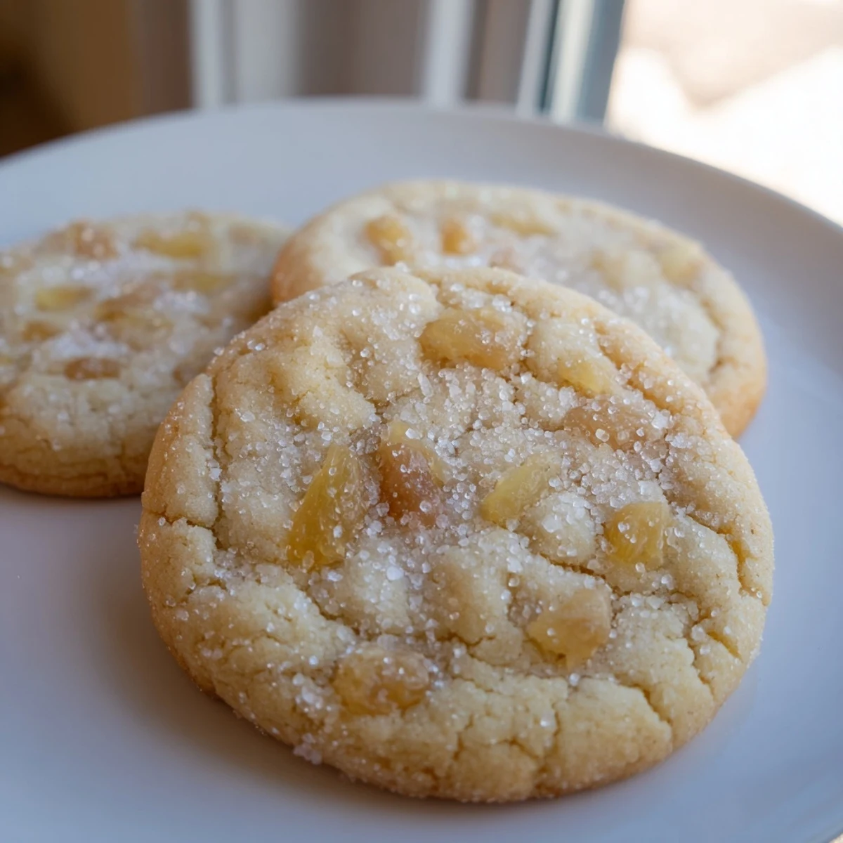 Golden vegan vanilla pineapple sugar cookies with crackled sugar coating on a rustic baking sheet