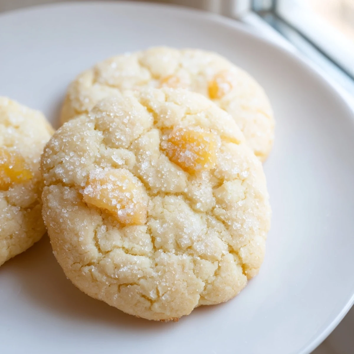 Vegan vanilla pineapple sugar cookies arranged on a white plate with a tropical garnish