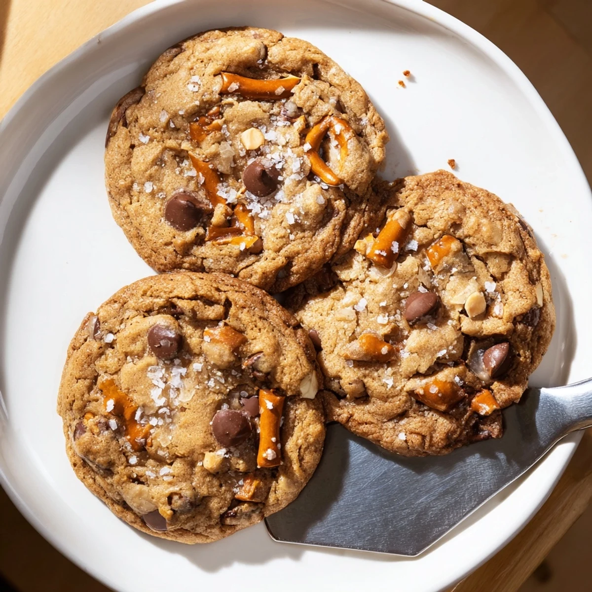 Golden brown butter salted honey toffee pretzel chocolate chip cookies with melty centers on a wire rack