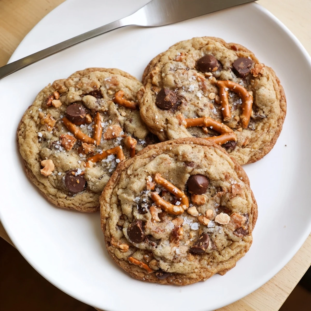 Chewy brown butter salted honey toffee pretzel chocolate chip cookies stacked on a rustic parchment-lined baking sheet