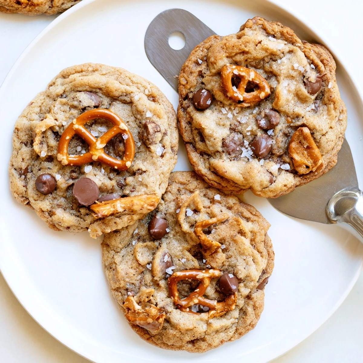 Warm brown butter salted honey toffee pretzel chocolate chip cookies topped with flaky sea salt sprinkles
