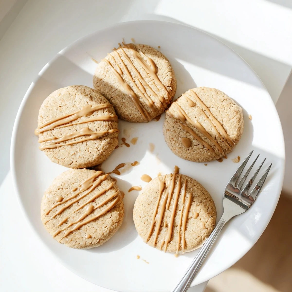 Golden keto vanilla hazelnut butter drizzle cookies topped with a creamy vanilla glaze on parchment paper