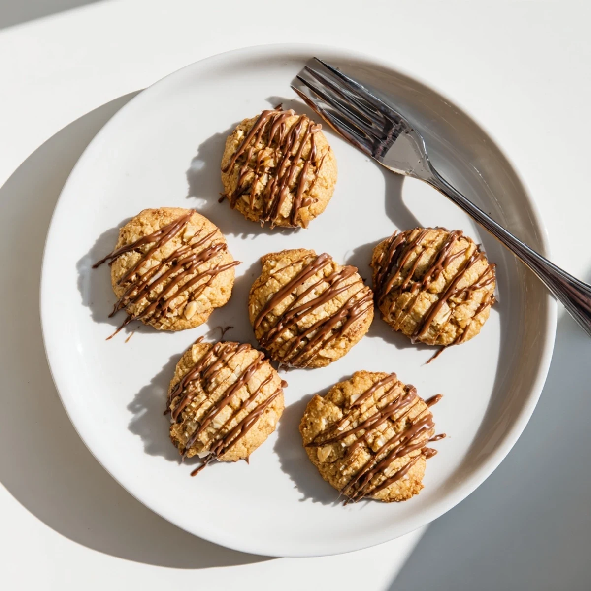 Soft, chewy keto vanilla hazelnut butter drizzle cookies arranged on a rustic wire cooling rack