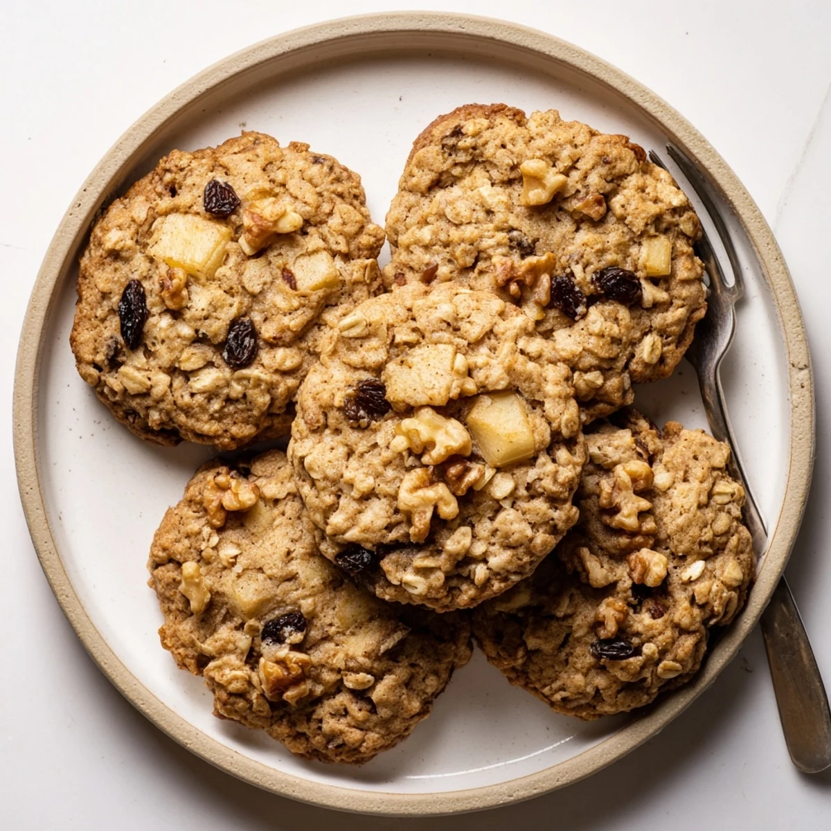 Warm apple cinnamon vanilla bean oatmeal raisin cookies with golden edges on a rustic baking sheet