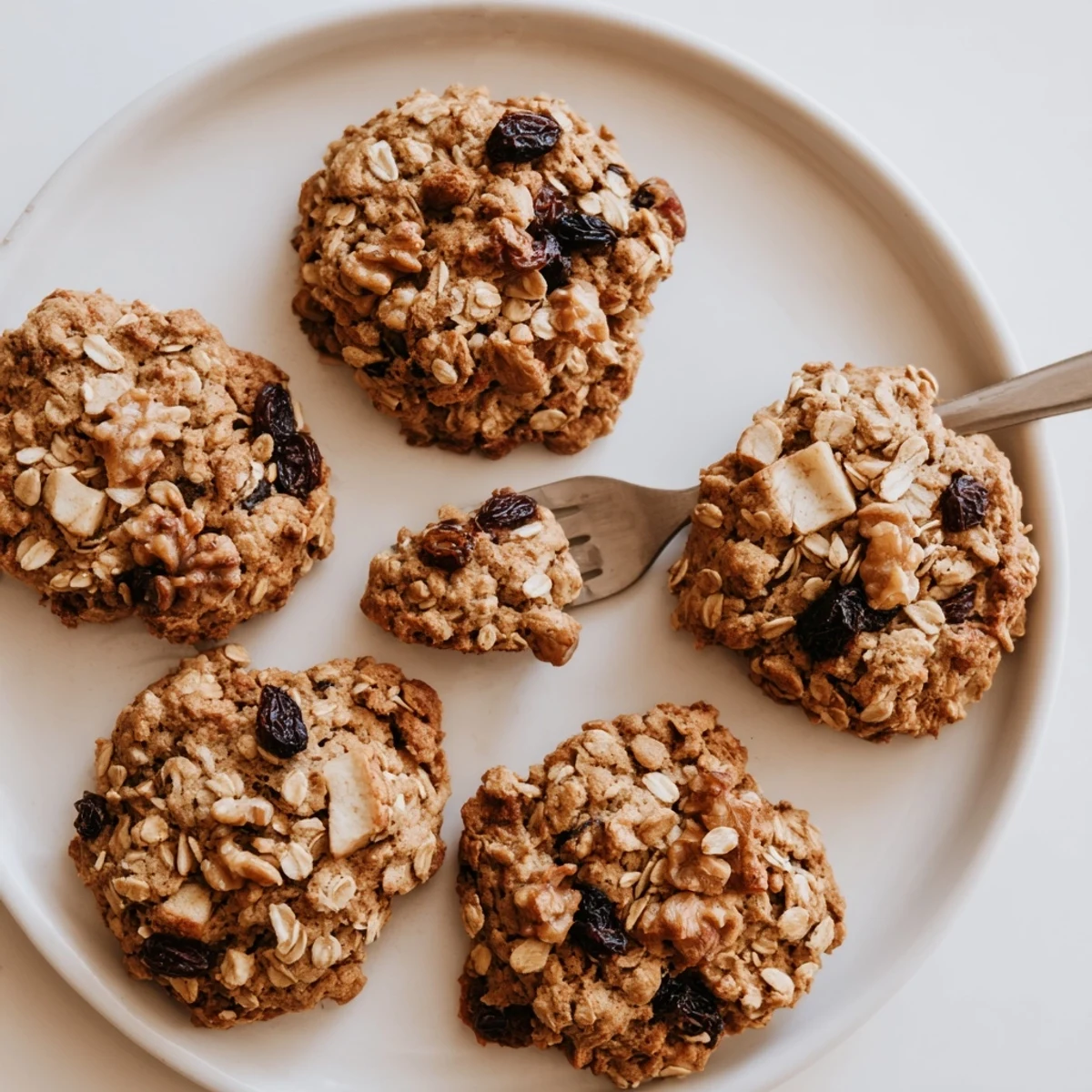 Chewy apple cinnamon vanilla bean oatmeal raisin cookies studded with fruit cooling on a wire rack