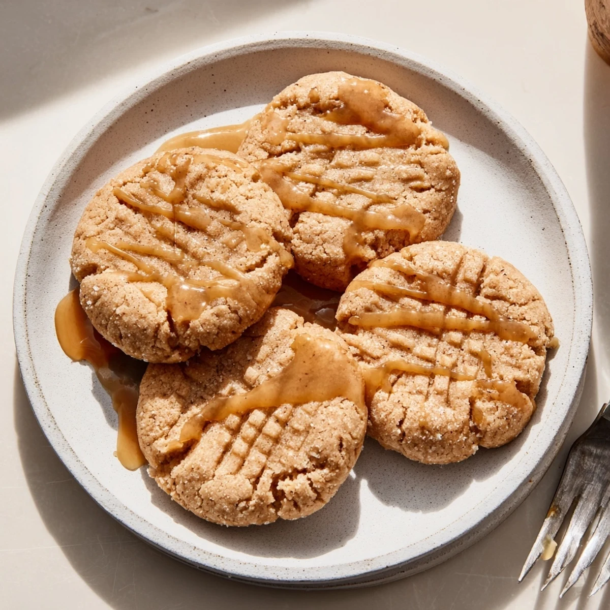 Soft golden Keto Maple Almond Butter Drizzle Cookies lined on a rustic baking sheet
