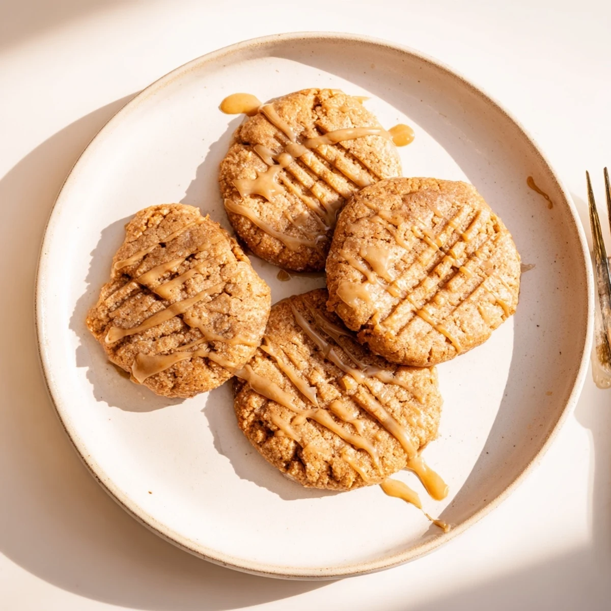 Chewy Keto Maple Almond Butter Drizzle Cookies with glossy sugar-free maple icing dripping down