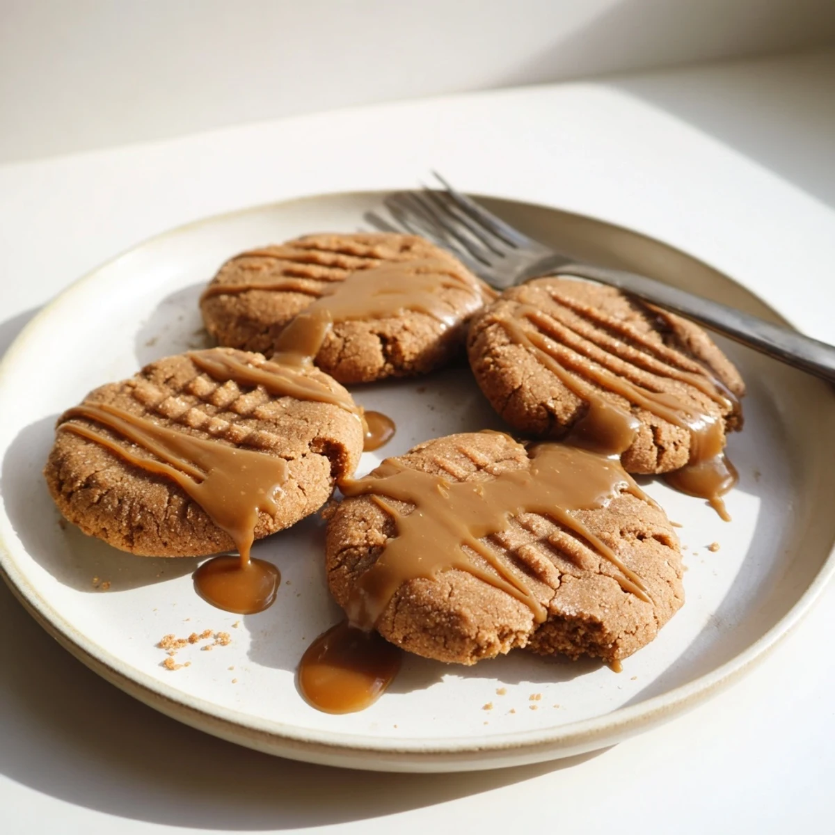 Warm Keto Maple Almond Butter Drizzle Cookies stacked on a plate for low-carb snacking