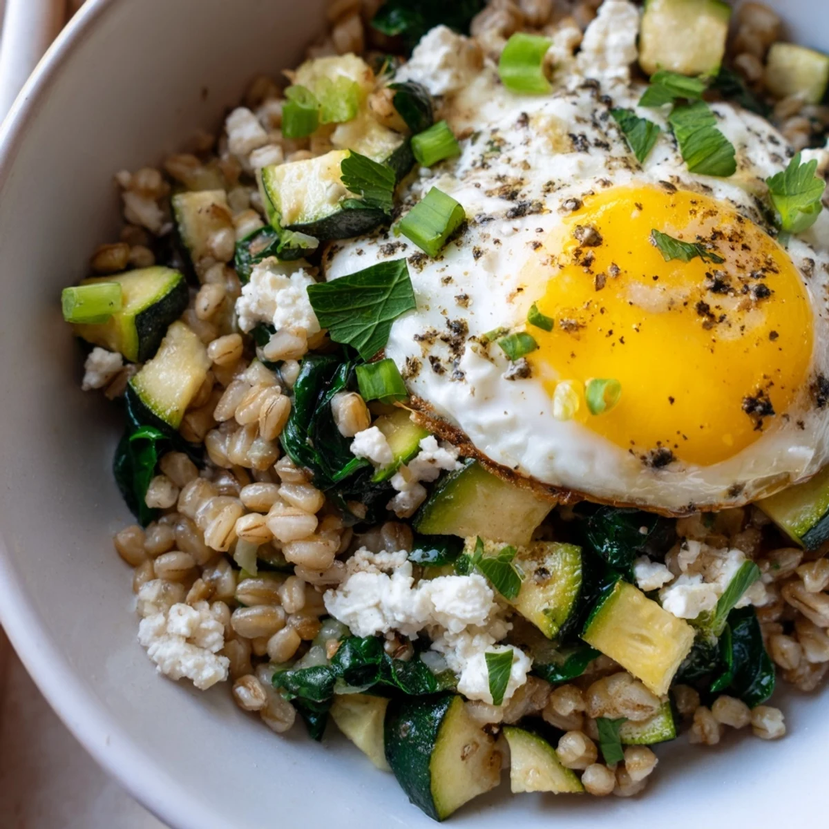 Hearty savory spinach and zucchini barley breakfast bowl topped with a golden fried egg