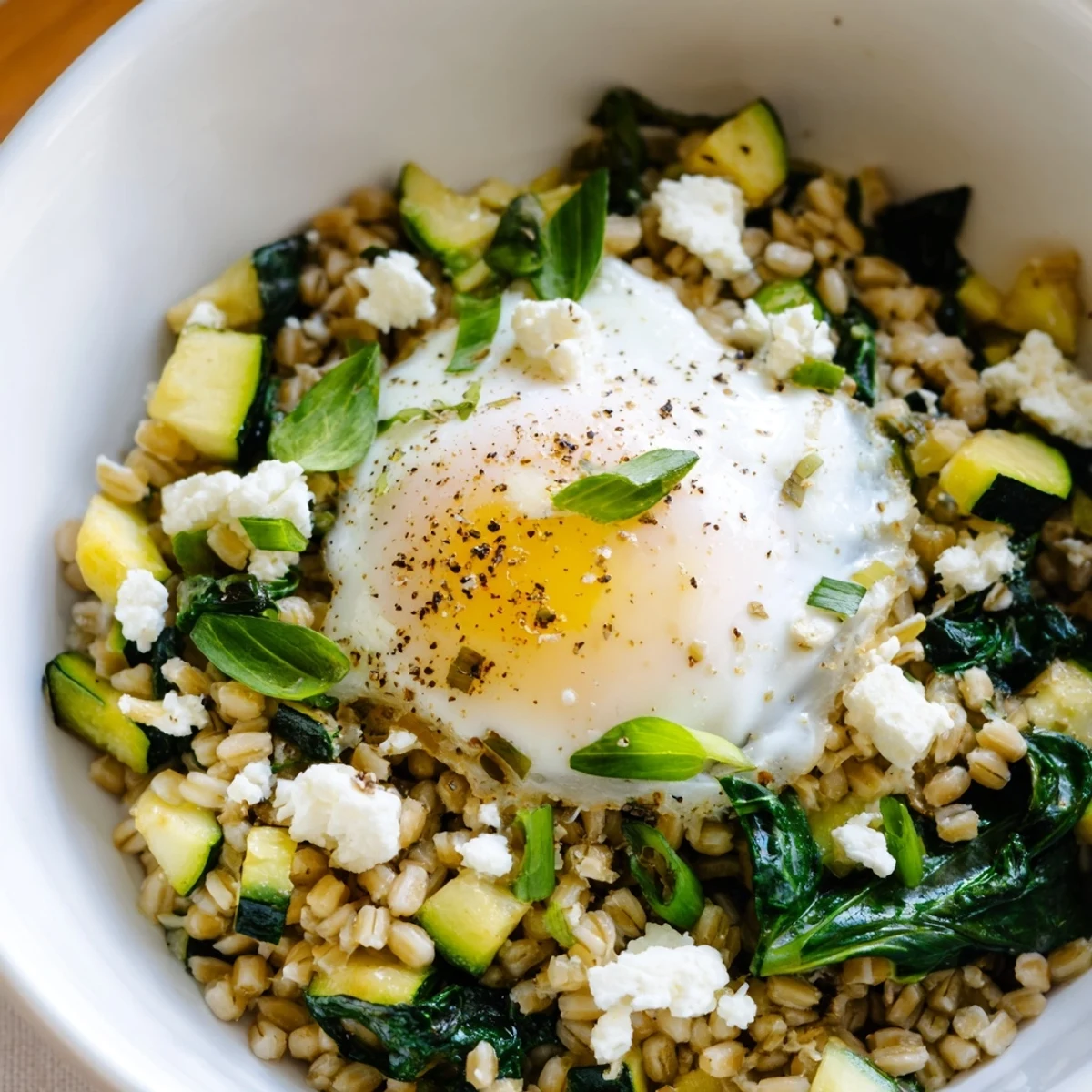 Warm barley breakfast bowl loaded with sautéed spinach, tender zucchini, and crumbled feta